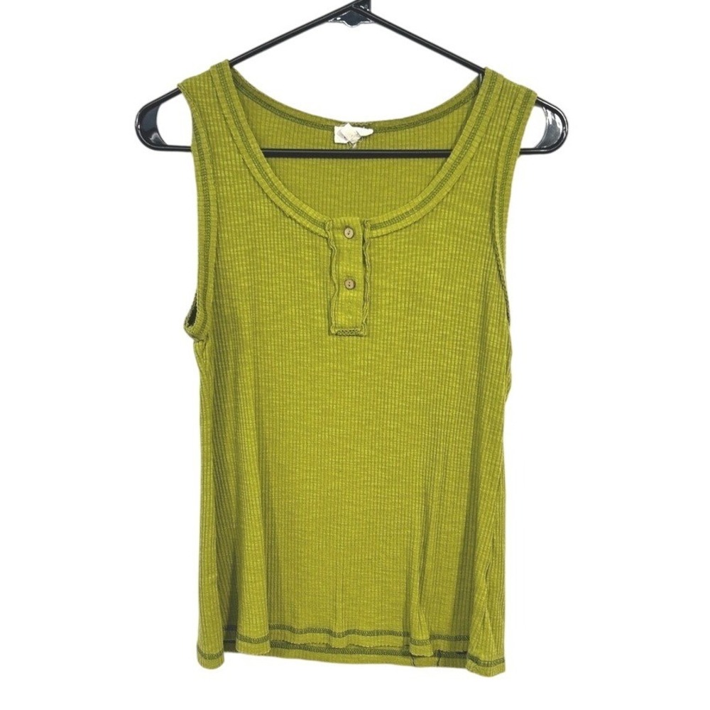Y2K Waffle Henley Tank L Olive Raw Edge Indie Grunge Boho Layering‎ Top